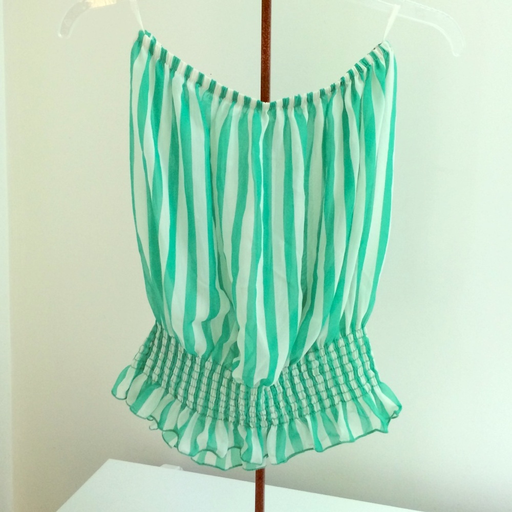 Boutique Summer Vacation Flowy Striped Green Smocked Waist Tube Top